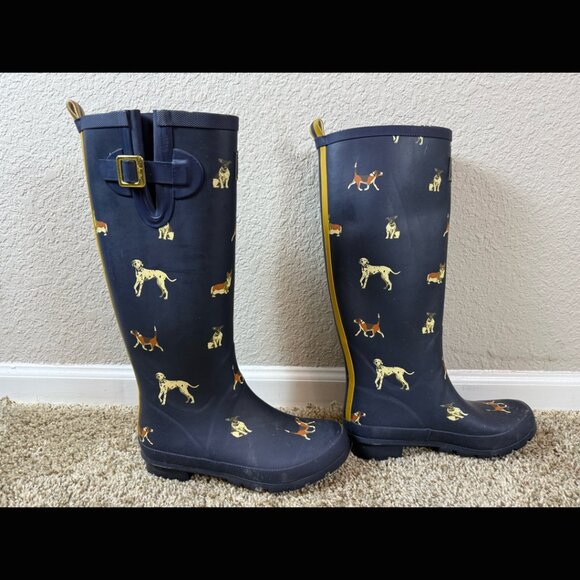 Joules Tall Navy Blue Rainboots Dogs Waterproof 2016 Heel British Gardening 39 8 - Picture 4 of 8